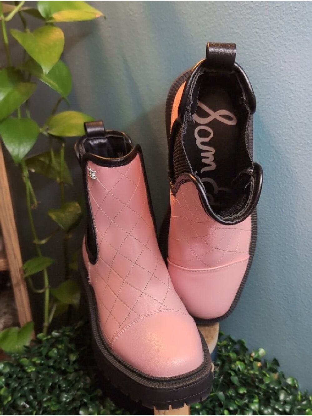 Sam Edelman Pink Quilted Chelsea Boots with Black Trim